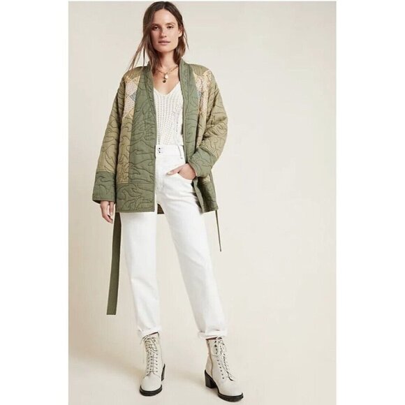 Anthropologie Quilted Patchwork Kimono Jacket Moss Green Sz Large NEW LP Petite - Picture 3 of 13